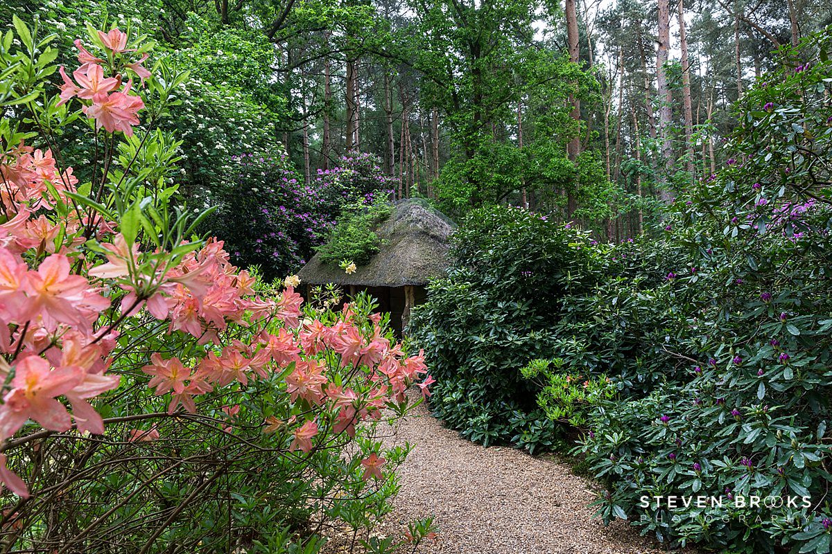 Britain Does Vintage Stody Lodge Norfolk photographer steven brooks photographs a thatched hut in the water garden on the Stody Lodge estate in Norfolk